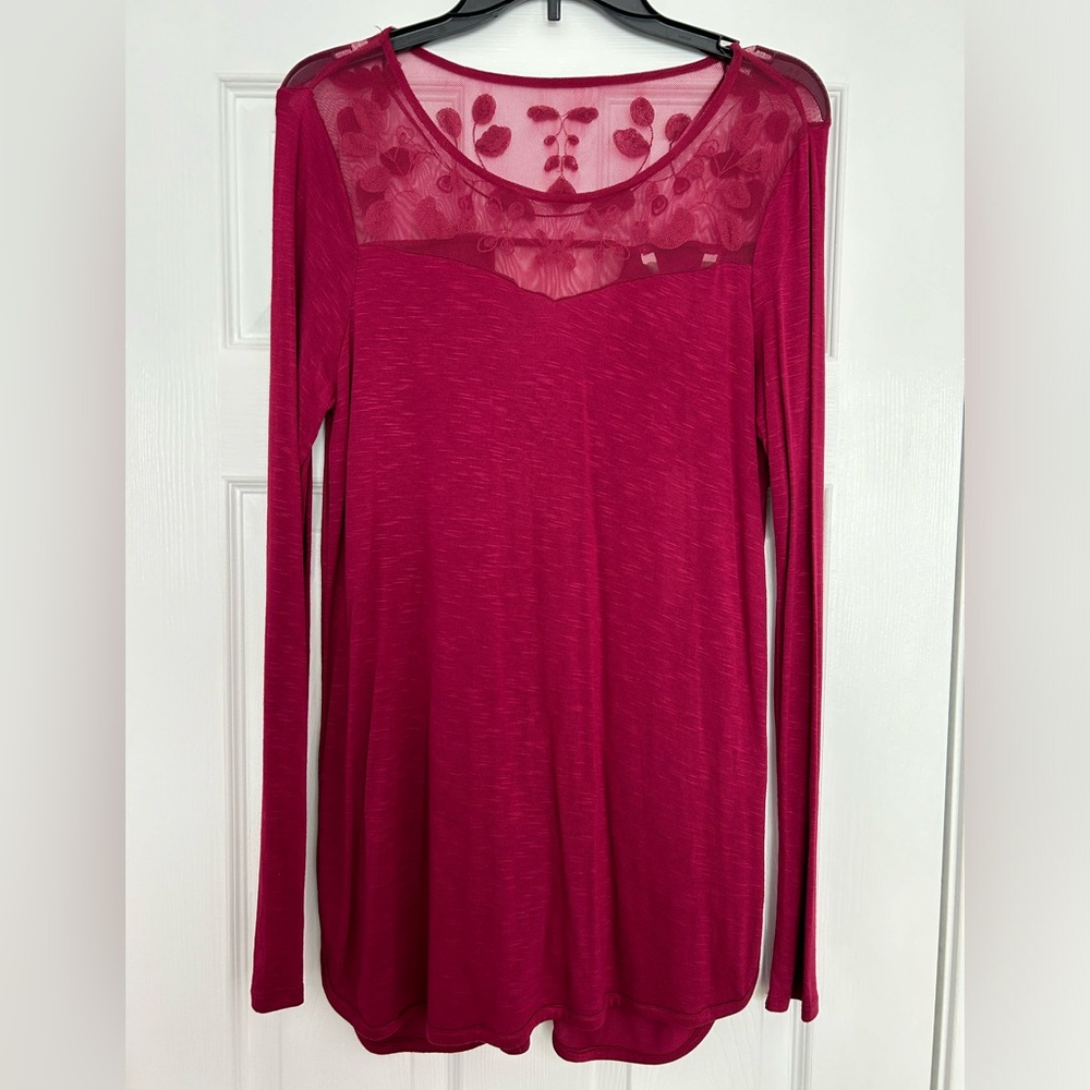 NWT- Lauren Conrad burgundy tunic with sheer flower embroidery.